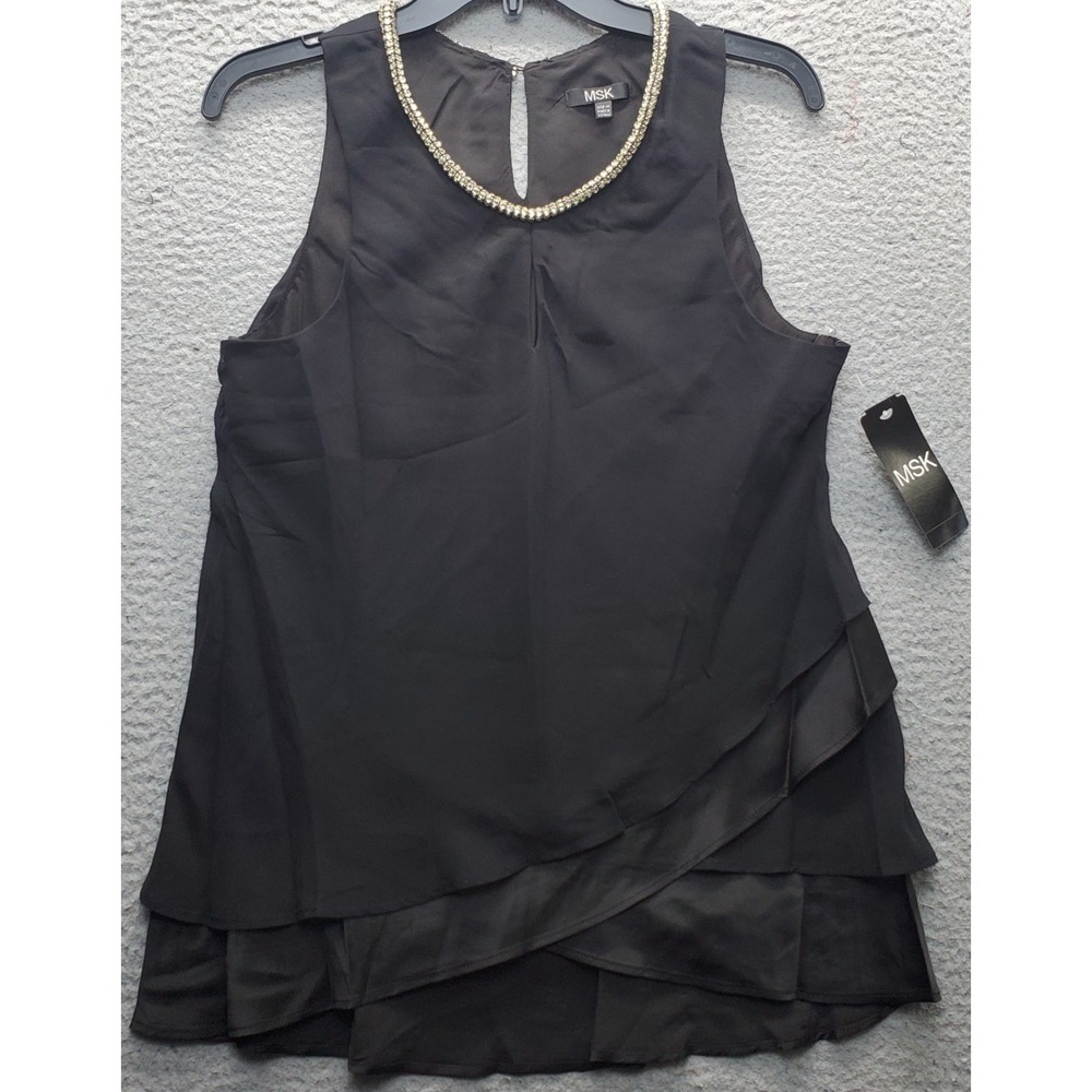 MSK Tank Dress Women's M Black Lined Layered Hem Keyhole Back Beaded Round‎ Neck